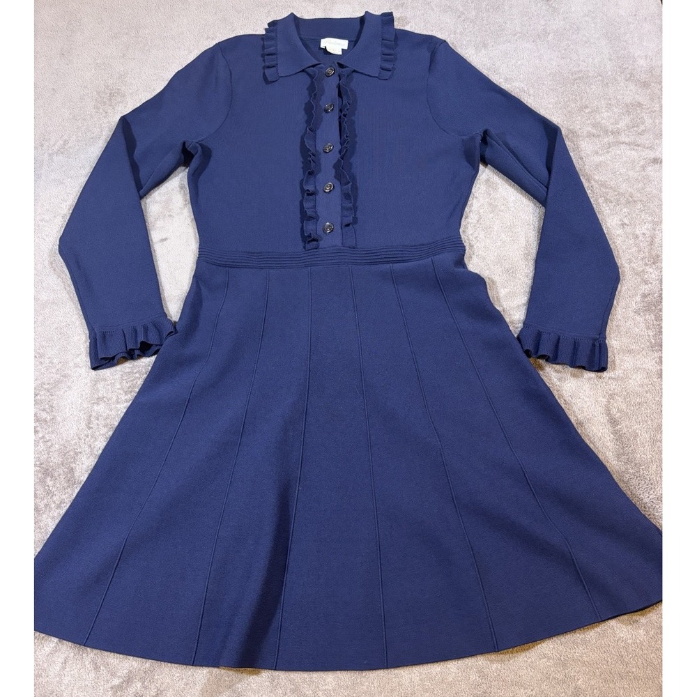 Shoshanna Navy Ruffle Collar Long-Sleeve Knit Dress Womens Large